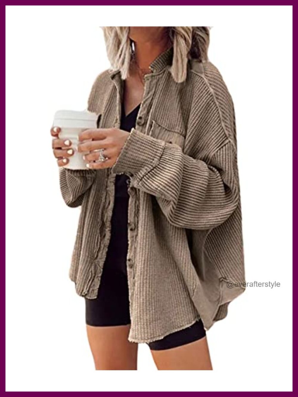 Womens Long Batwing Sleeve Cardigan Lightweight Waffle Textured Shacket